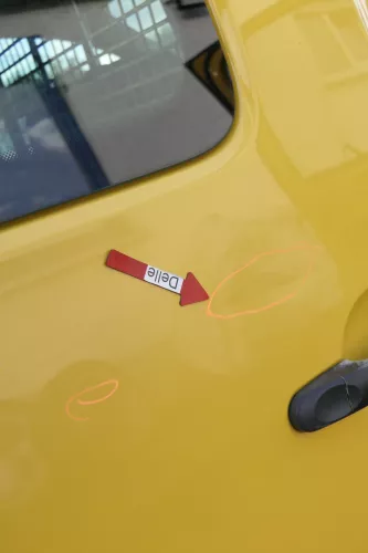 VW Caddy 3 2k Tür hinten rechts gelb Post L132 Schiebetür mit Scheibe (164537)