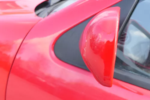 VW Polo 6N manueller manuell Spiegel Außenspiegel links mit Glas rot LP3G (168399)