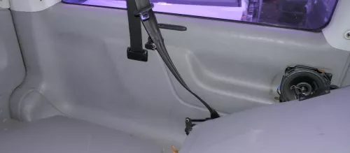 VW T4 Verkleidung Abdeckung Seite hinten links grau Multivan Klappe -ohneGurt (177950)